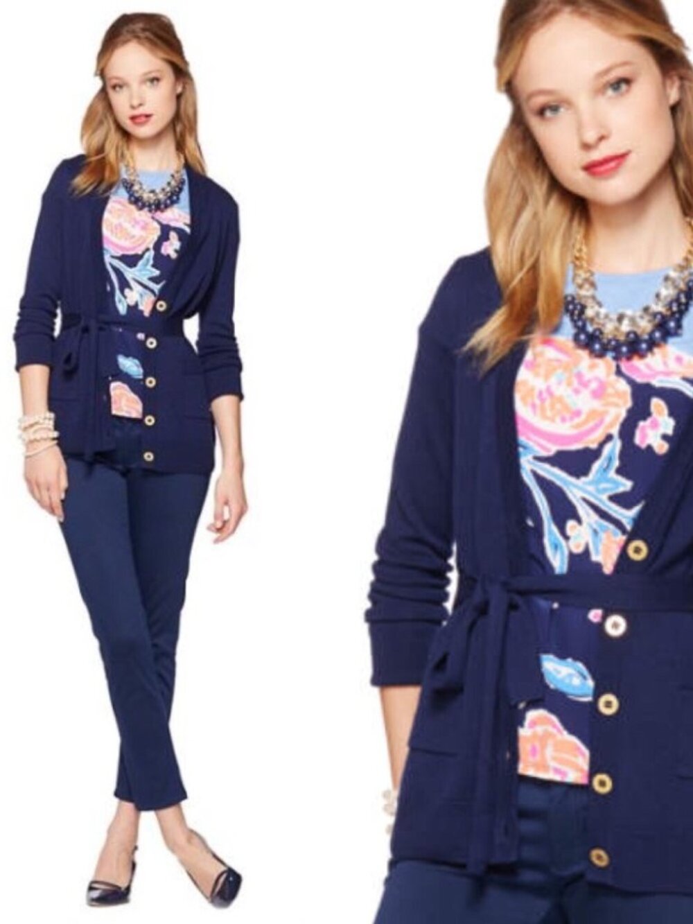 Lilly Pulitzer Jocelyn Belted V-Neck Gold Button Cardigan Navy- Size: XL